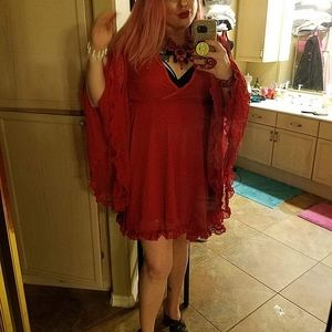 Doby Chiffon Dot Wide Belle Sleeve Skater Dress Red Plus Size 16 Like New